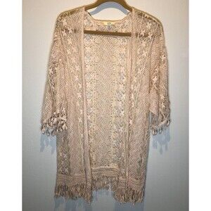 Hippie Festival Blush Boho Lace Fringe Pom Poms Tassels  Cardigan  Sm M/L